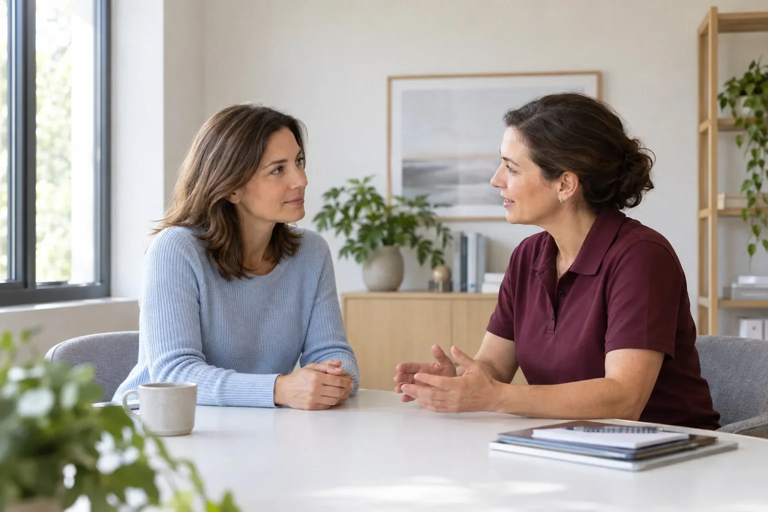Illustrative patient and clinician having a calm consultation