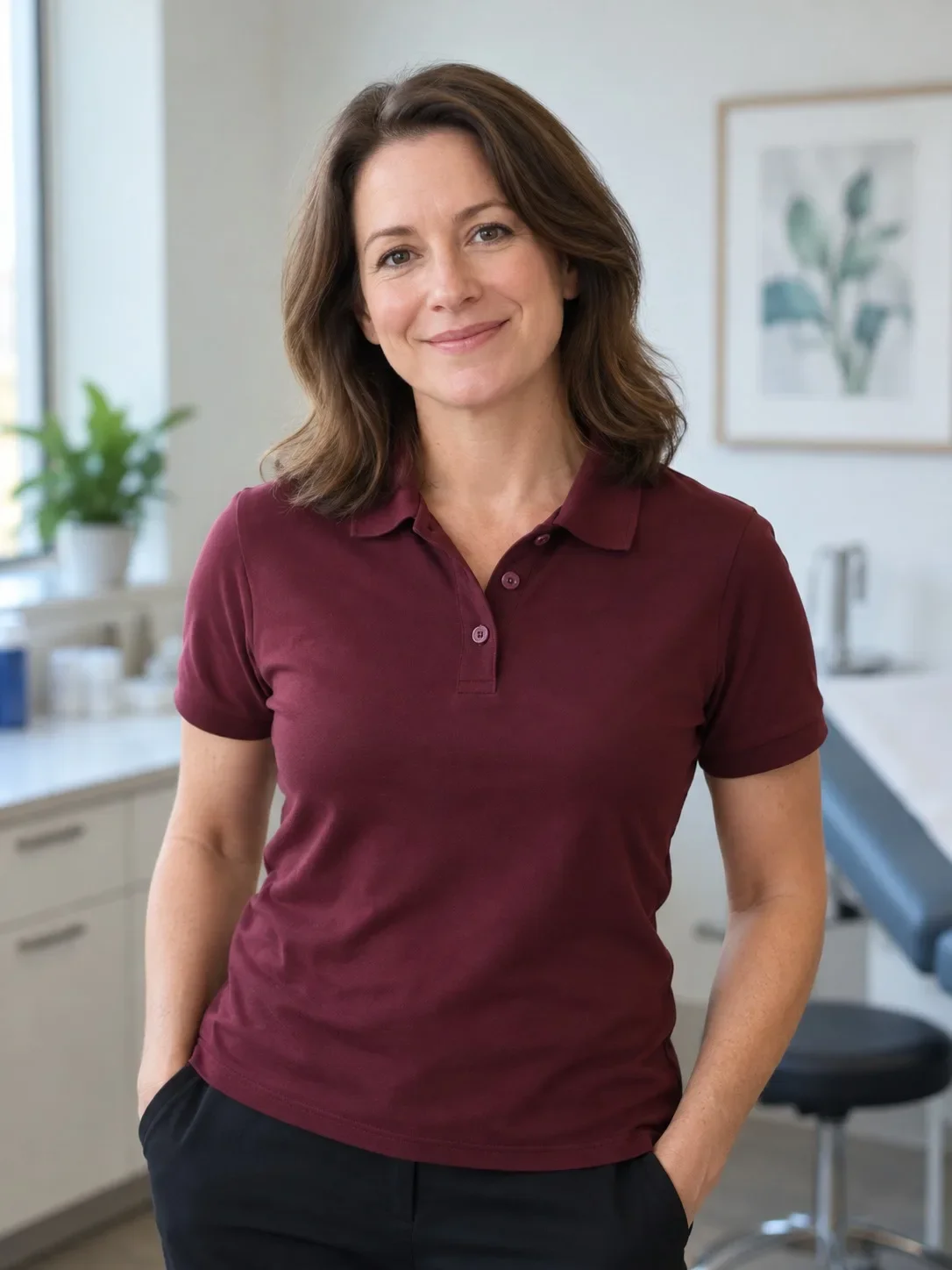 Illustrative fictional clinician in a burgundy polo
