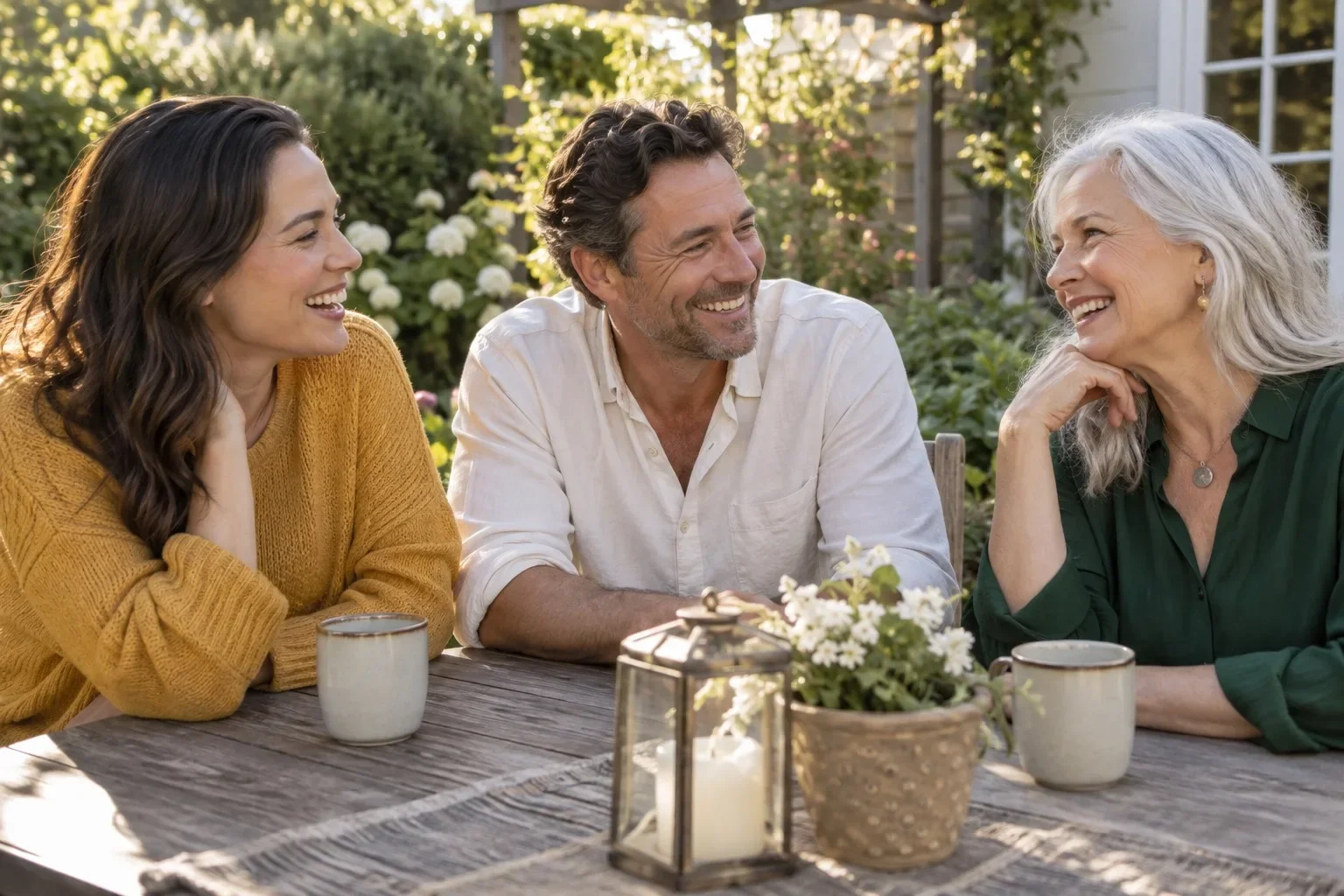 Illustrative adult family sharing a relaxed moment together in a garden