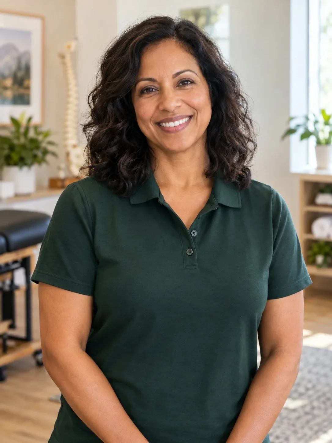Illustrative fictional chiropractic clinician in a green polo