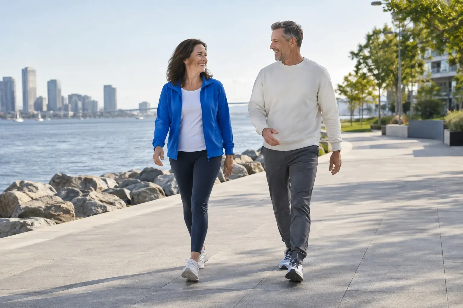 Illustrative adult models walking together beside a waterfront