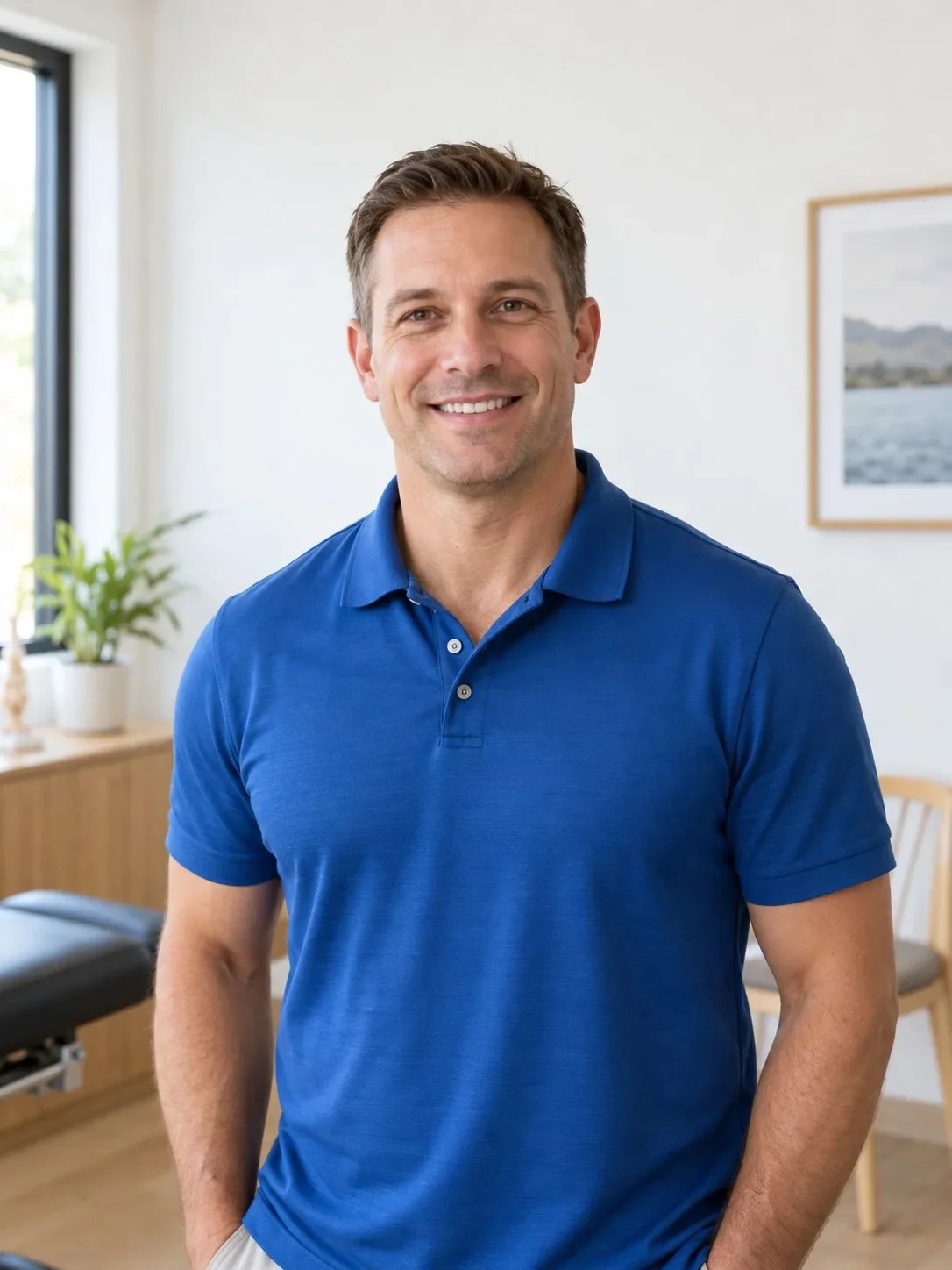 Illustrative fictional chiropractic clinician in a cobalt blue polo