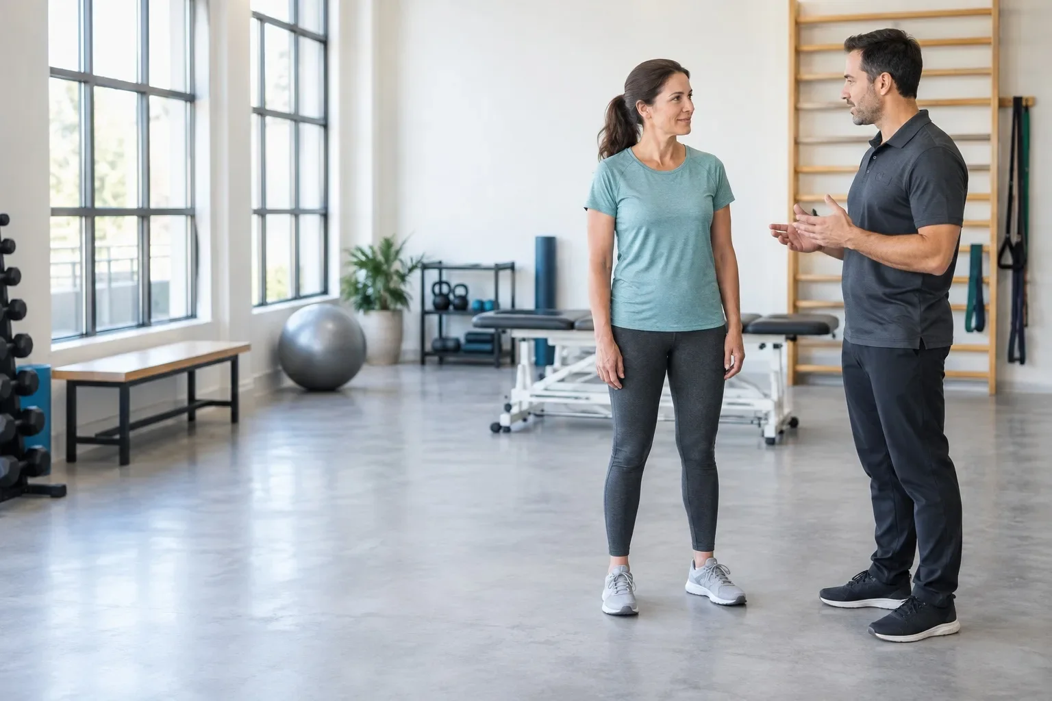 Illustrative adult patient and clinician discussing movement in a rehabilitation studio