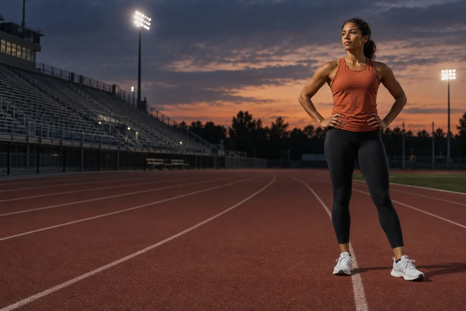 Illustrative adult athlete taking a pause on an outdoor running track