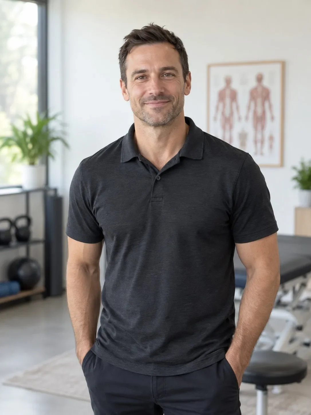 Illustrative fictional clinician in a charcoal polo