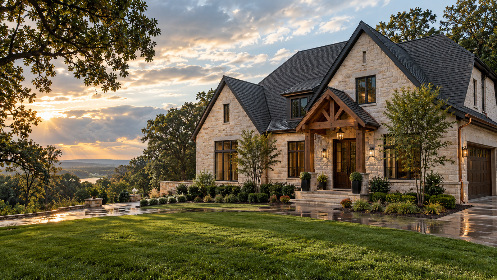 Illustrative intact modern gabled home with wet surfaces and sunlight breaking through clearing storm clouds.
