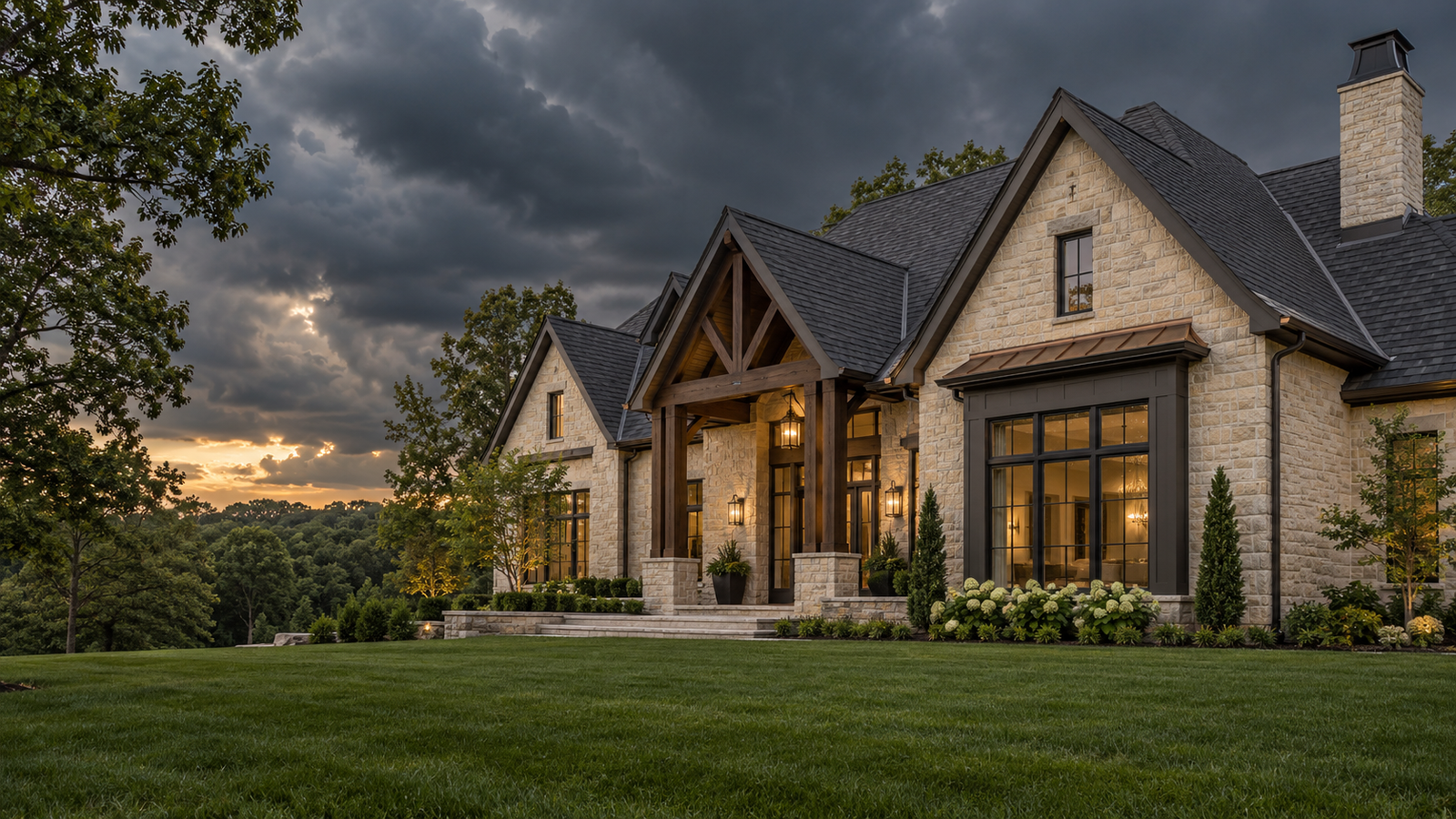 Illustrative intact stone home with a dark gabled roof beneath approaching storm clouds.