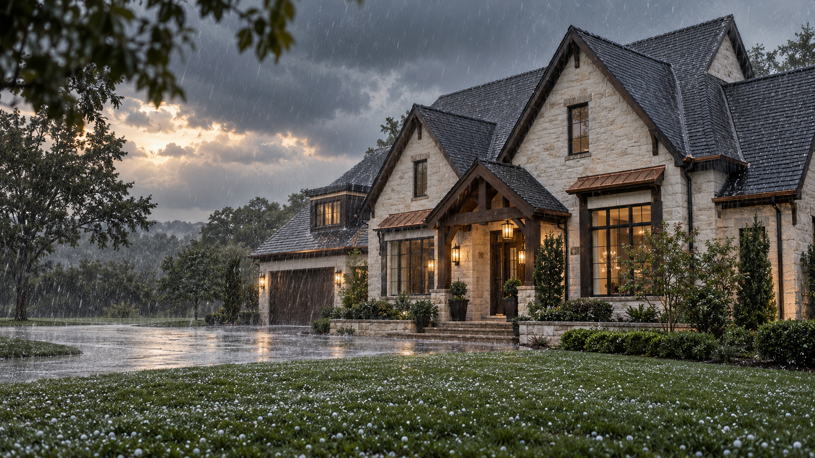 Illustrative intact home with a charcoal roof in heavy rain, with small hailstones on the lawn and dark storm clouds.
