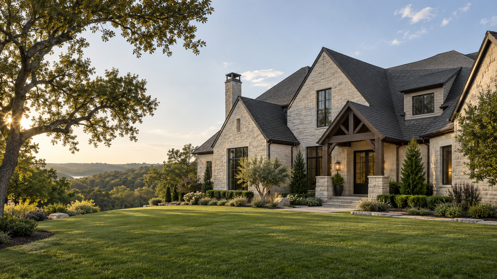 Illustrative modern stone home with a charcoal gabled roof and lawn in warm afternoon sunlight.