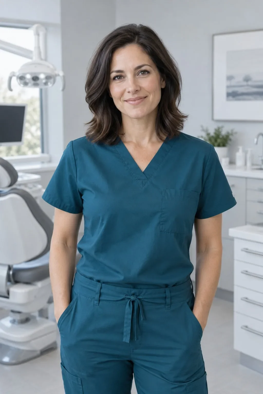 Illustrative fictional dentist in teal scrubs