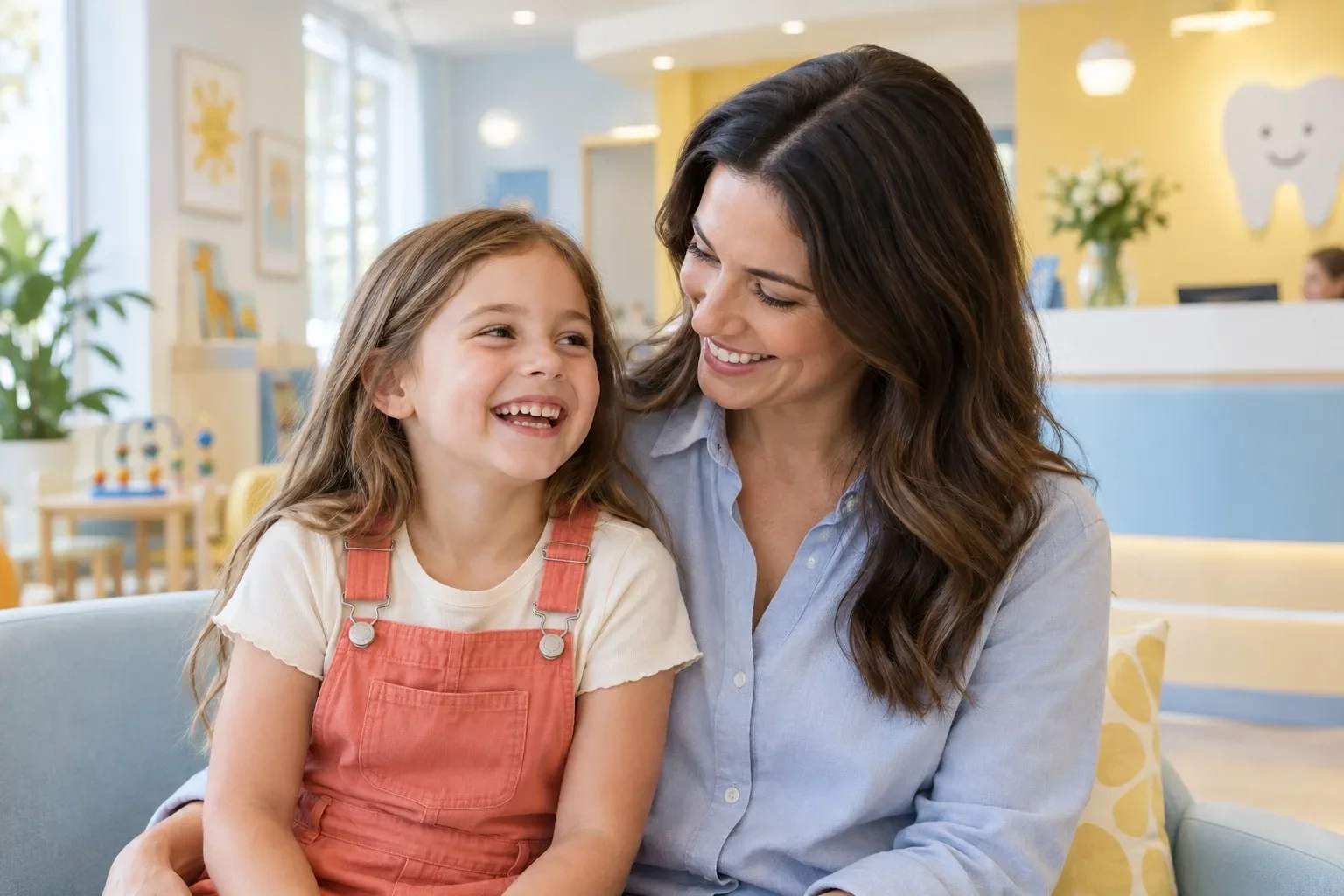 Illustrative mother and daughter sharing a laugh in a bright dental reception