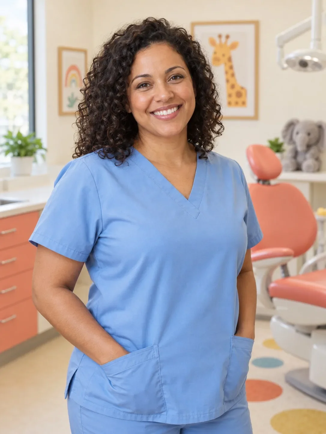 Illustrative fictional pediatric dental clinician in blue scrubs