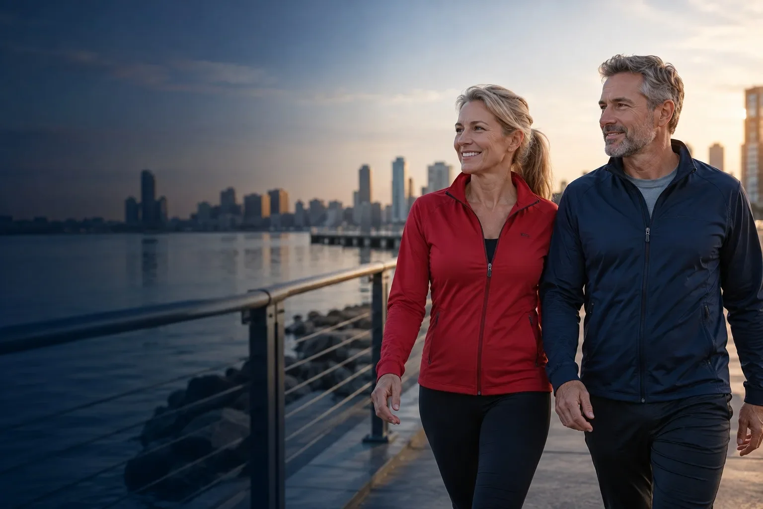 Illustrative couple enjoying a waterfront walk
