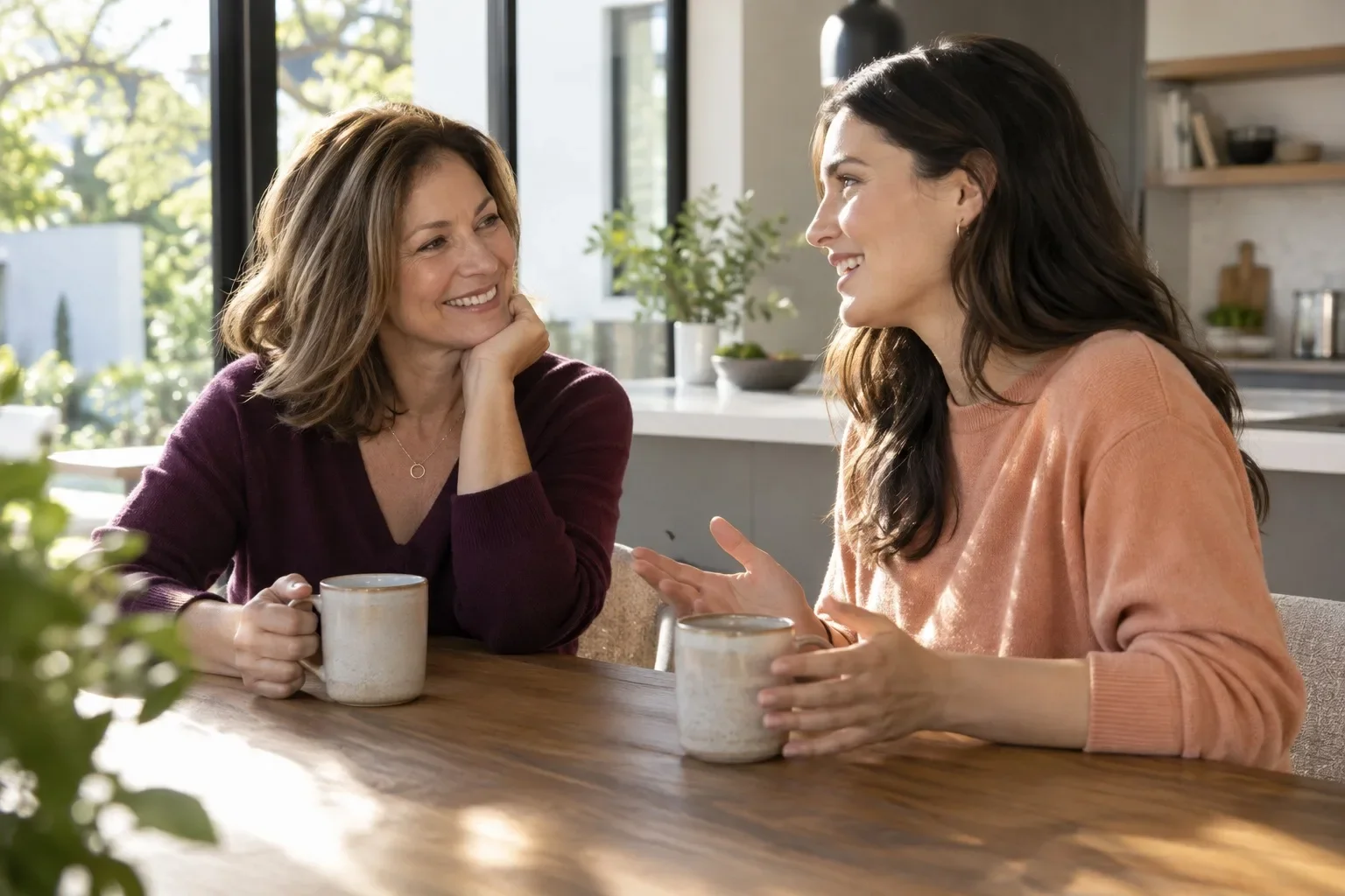 Illustrative women having a relaxed conversation at home