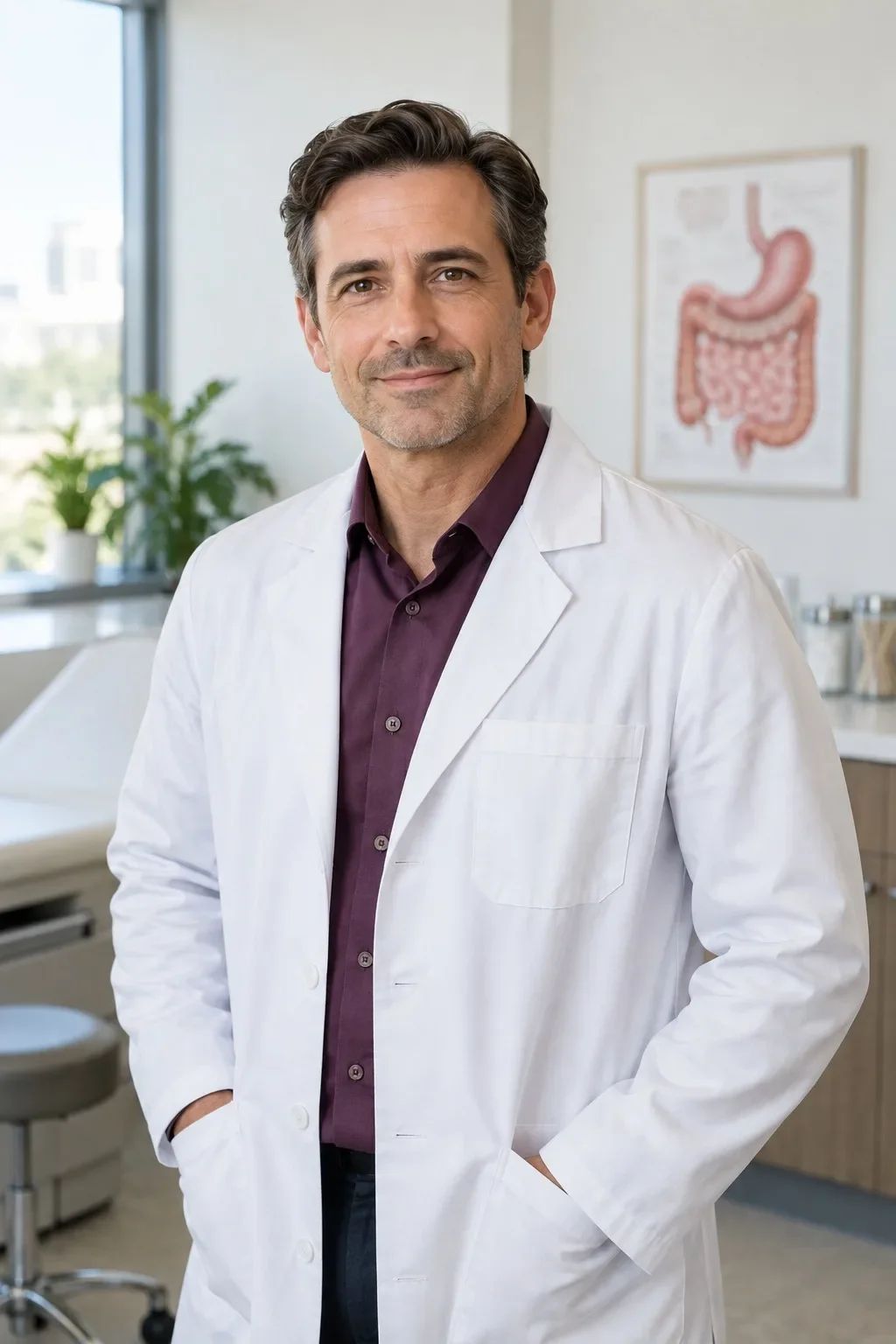 Illustrative fictional male gastroenterologist
