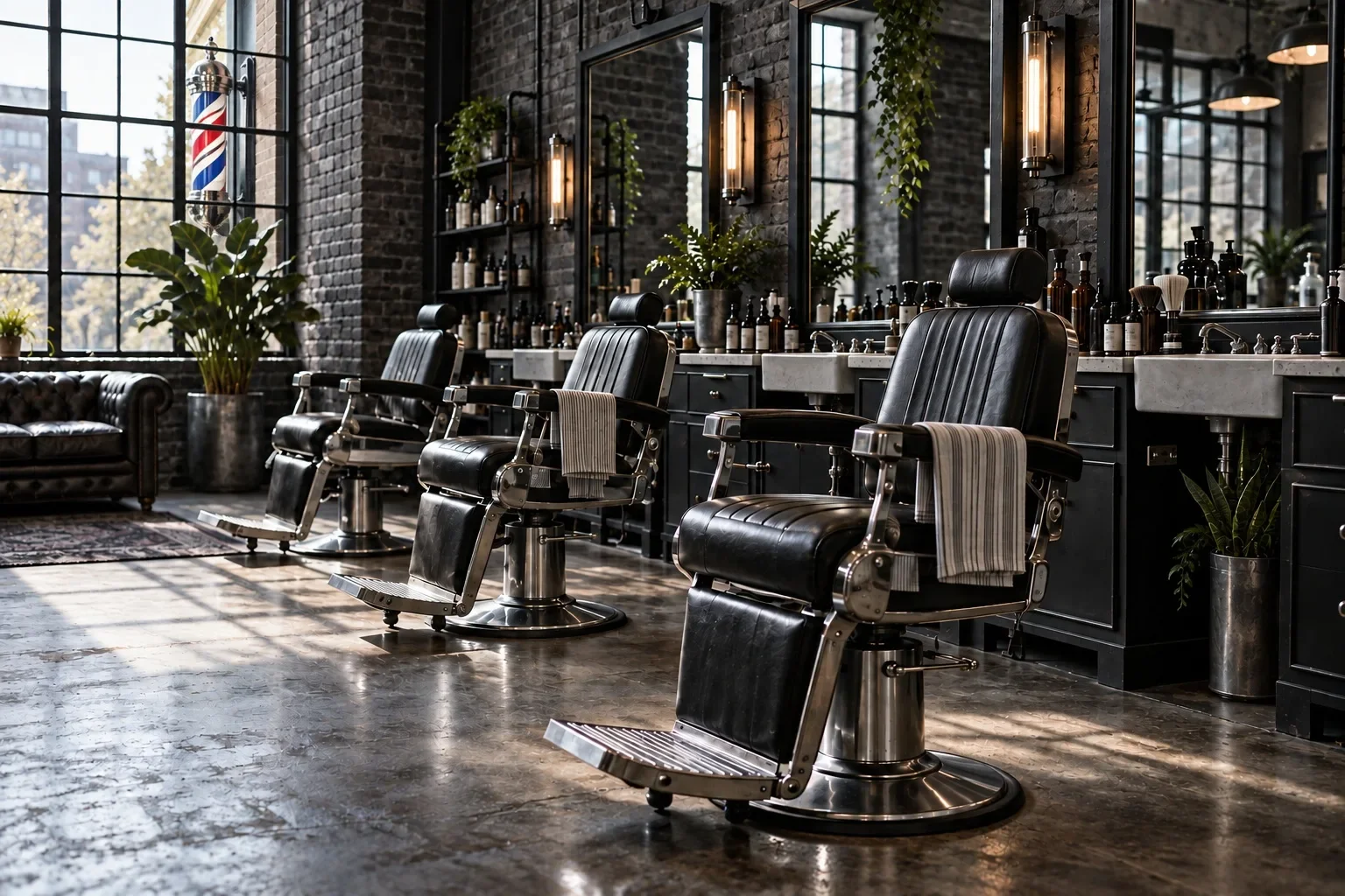 Illustrative industrial barbershop with black leather chairs, charcoal brick, and a classic barber pole