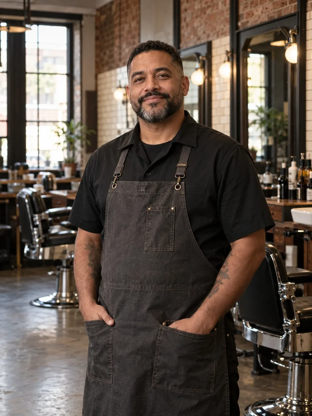 Illustrative fictional barber in a charcoal apron