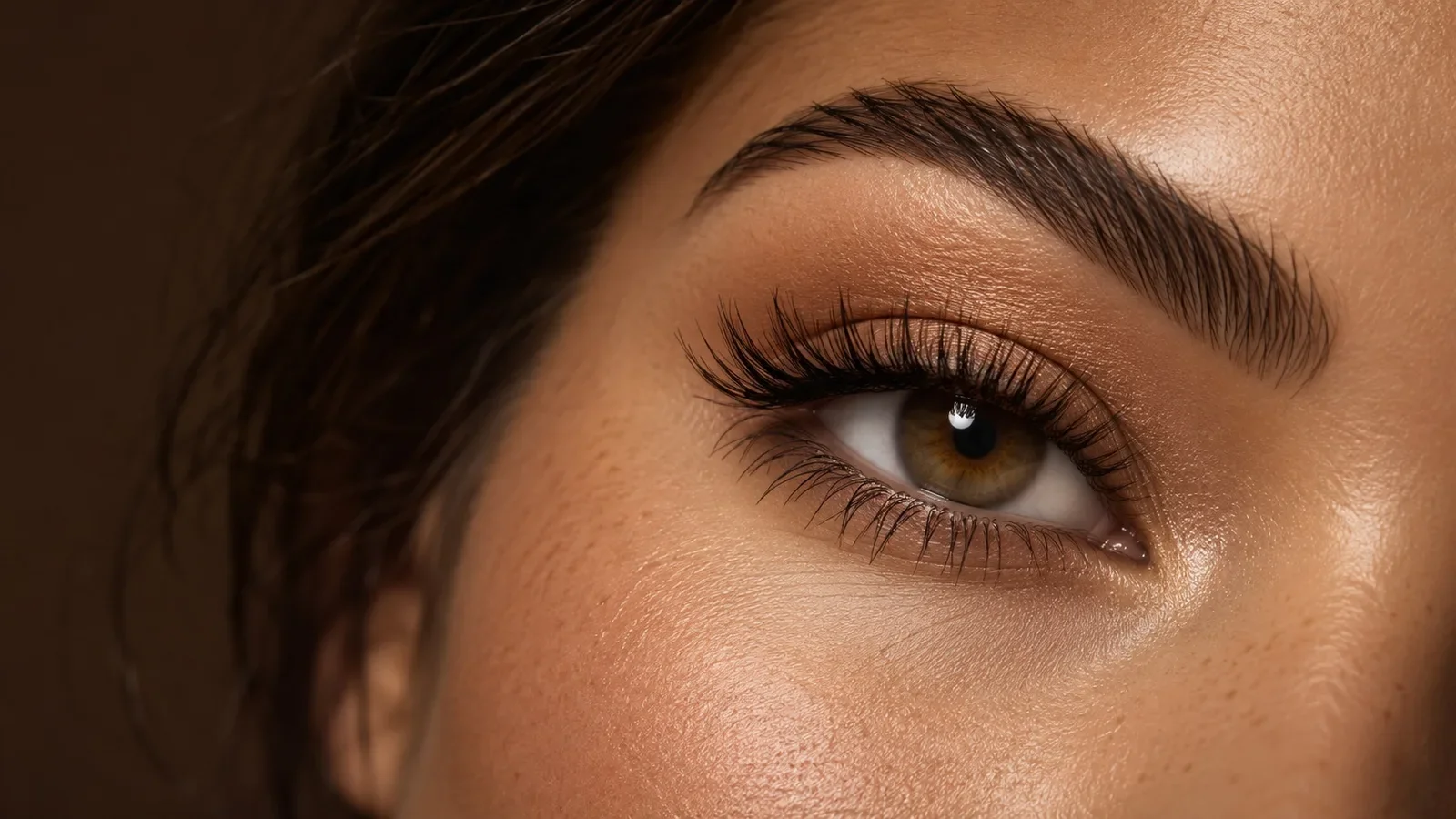 Illustrative close-up of an eye with defined lashes and a groomed brow