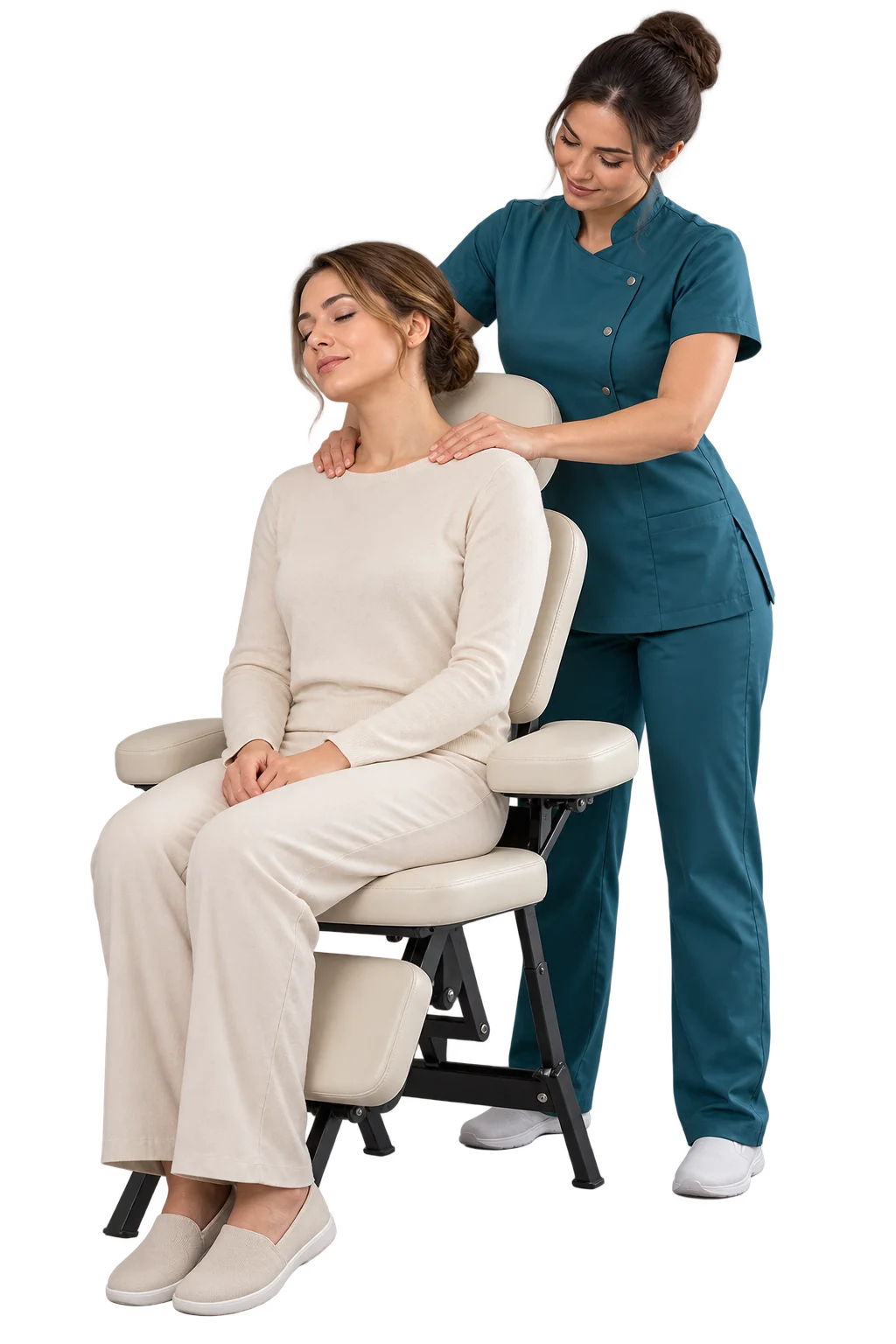 Illustrative therapist giving a fully clothed seated shoulder massage on a transparent background