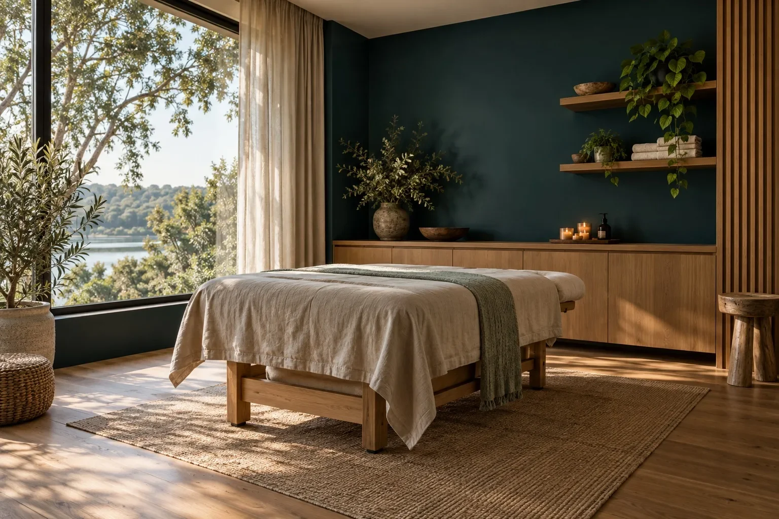 Illustrative massage studio with linen table, teal wall, and soft natural light