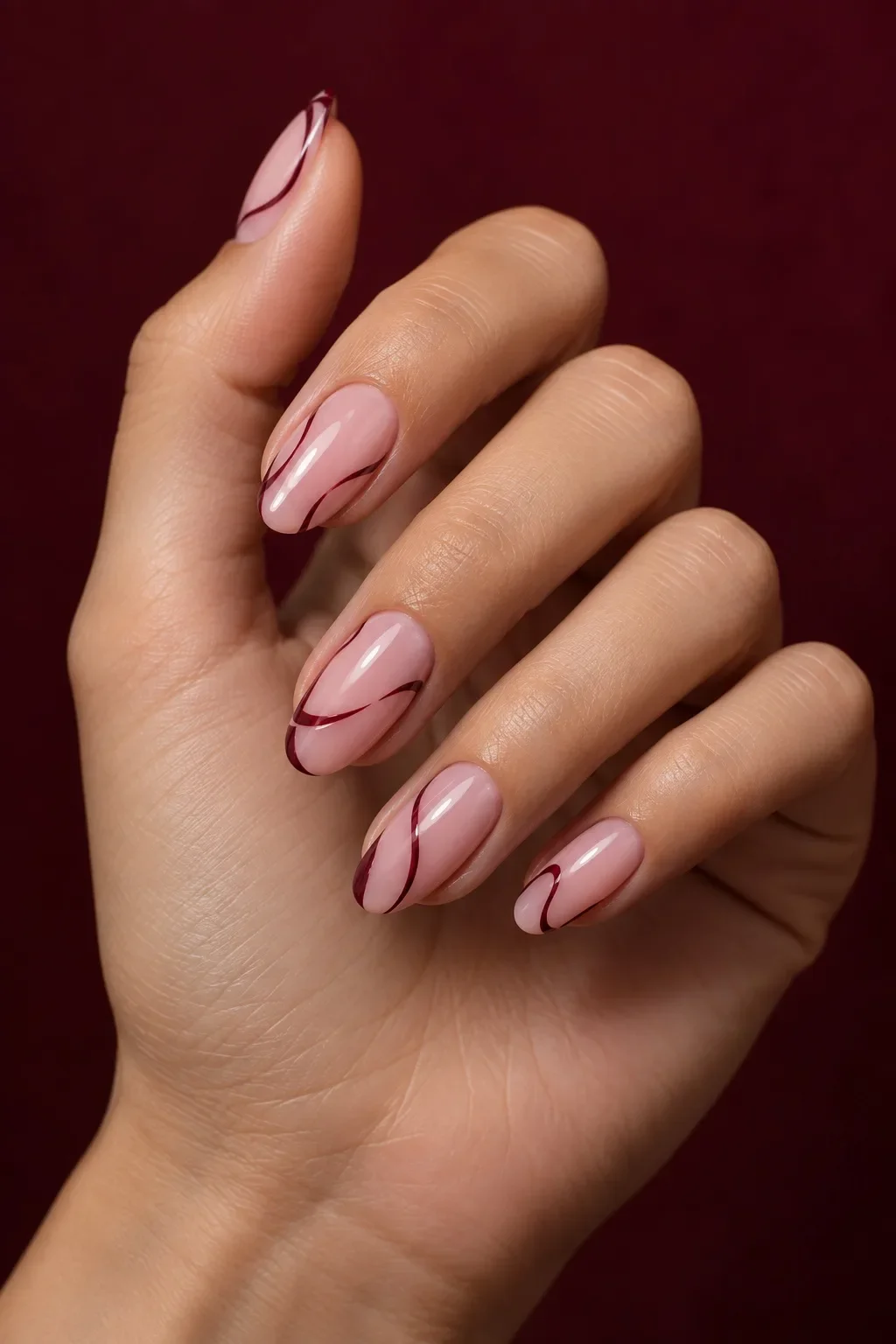 Illustrative pale pink manicure with fine burgundy abstract nail art