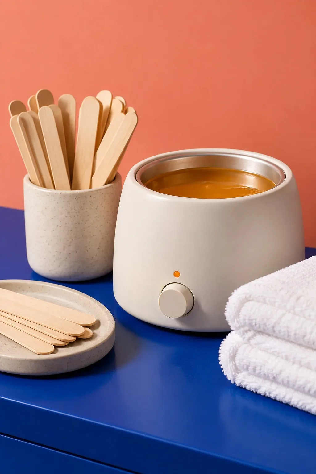 Illustrative waxing supplies, applicators, and towels in a colorful studio setting