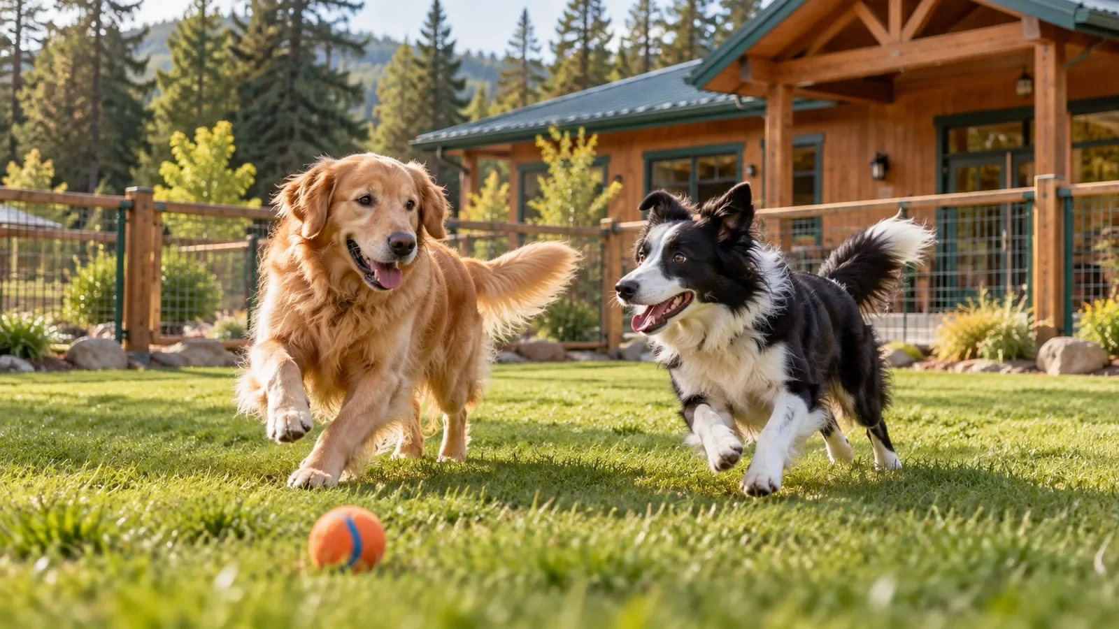 Illustrative dogs playing in a fenced grassy yard beside a timber boarding lodge