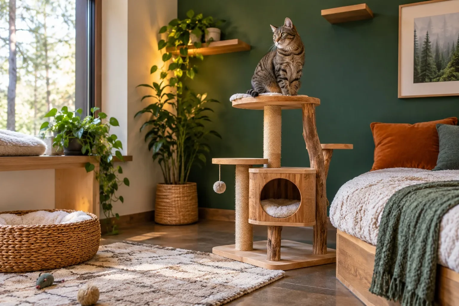 Illustrative cat boarding space with a tabby on a wooden perch