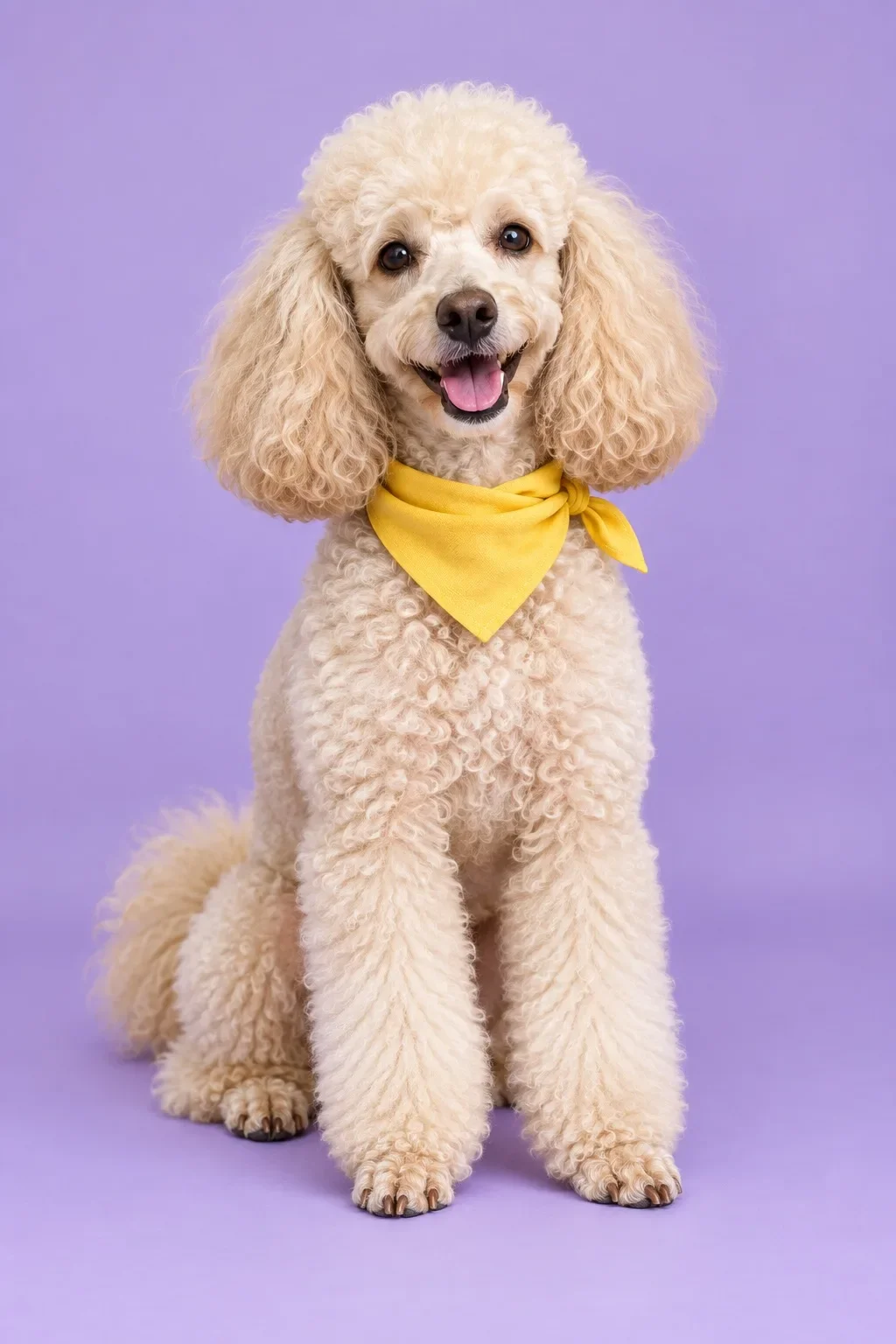 Illustrative cream poodle with a yellow bandana against a lilac backdrop