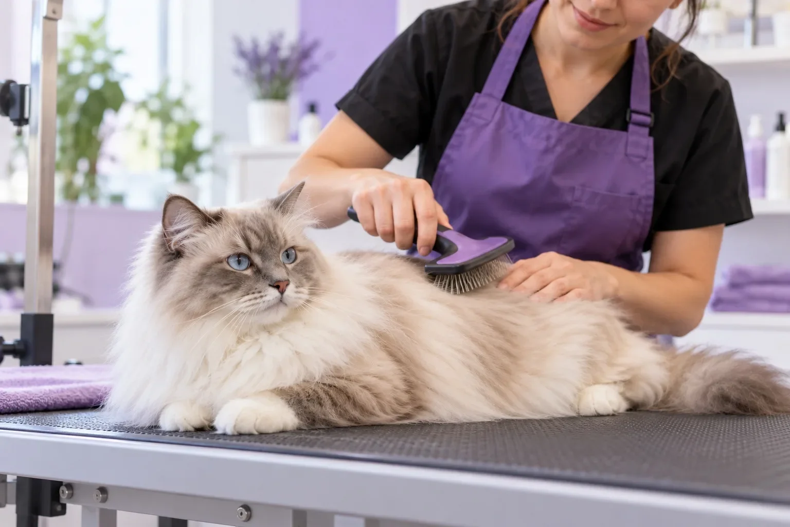 Illustrative longhaired cat being gently brushed by a groomer