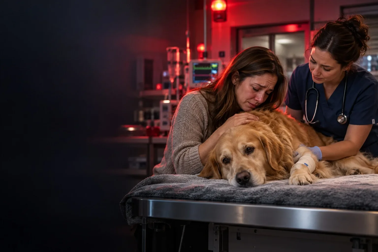 Illustrative emergency veterinary scene with an injured dog receiving care and a tearful owner