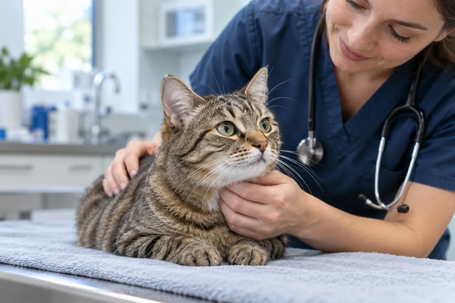 Illustrative veterinary professional examining a cat