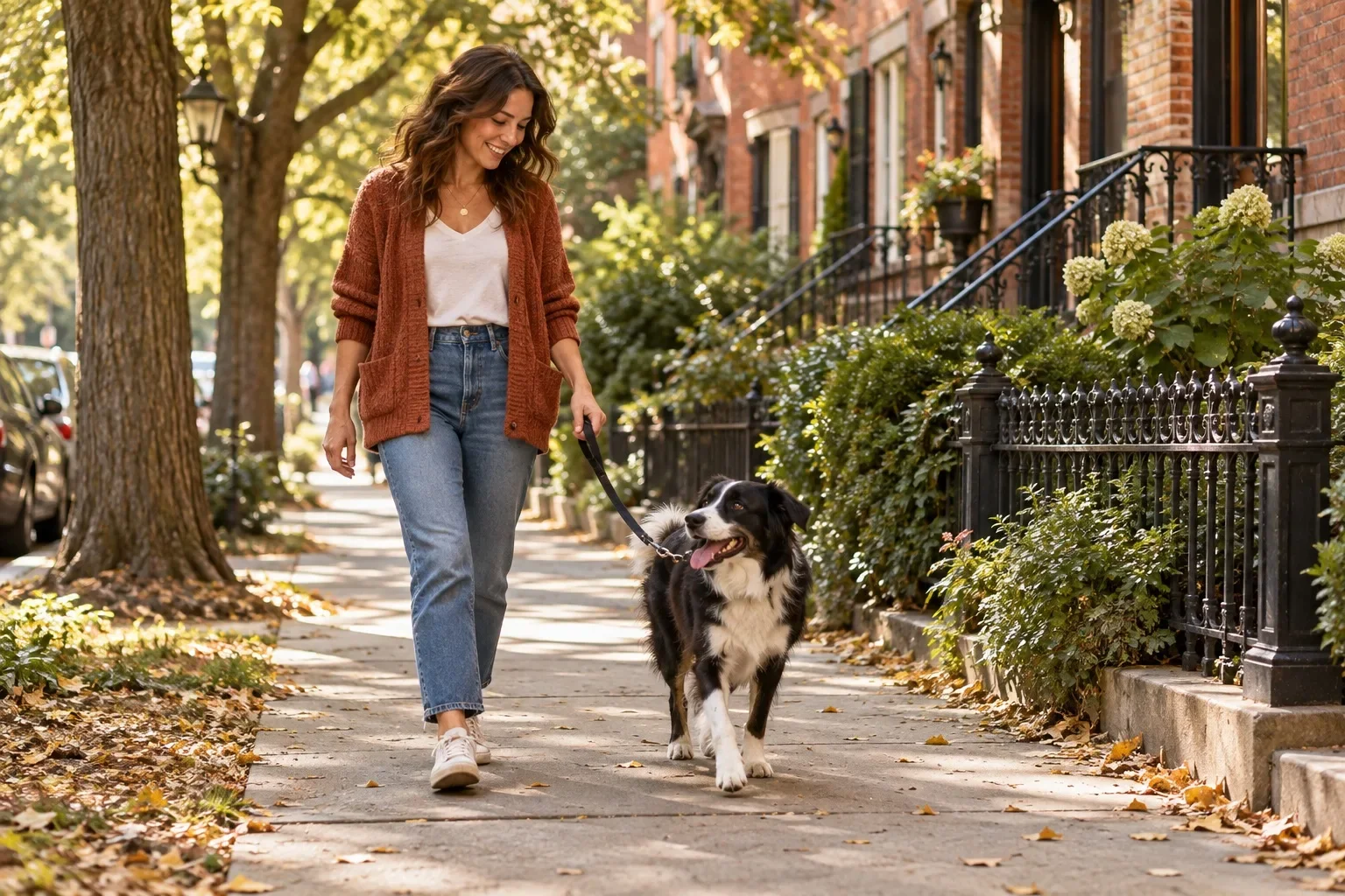 Illustrative pet sitter walking a dog on a leafy residential sidewalk