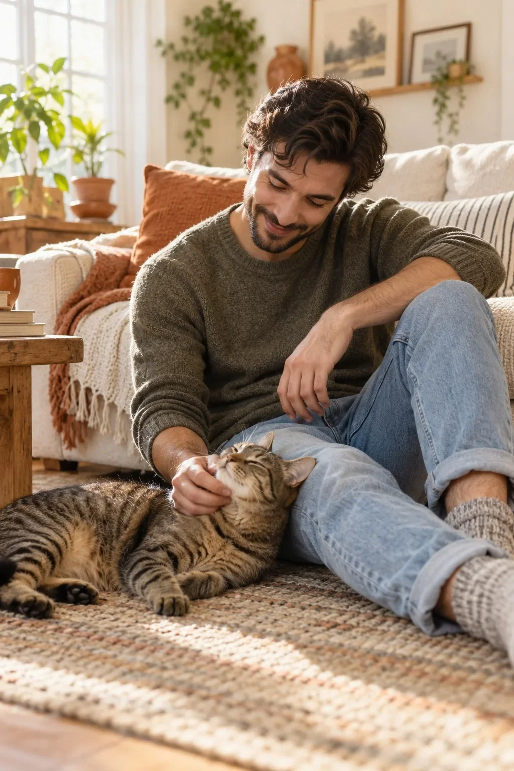 Illustrative sitter spending time with a tabby cat at home