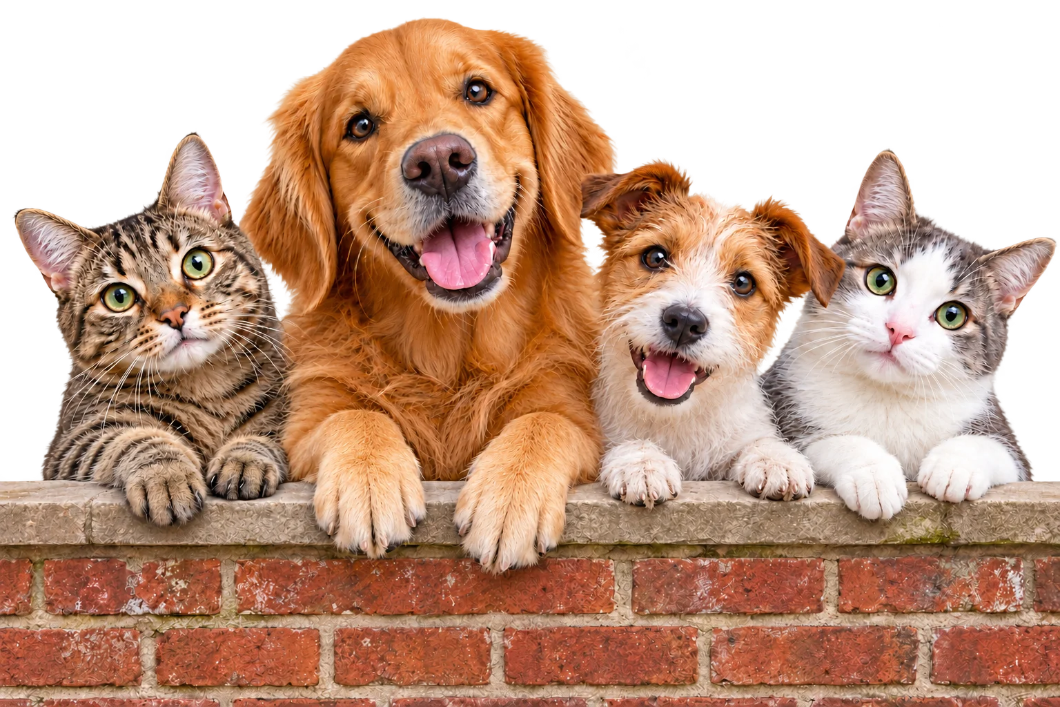 Illustrative dogs and cats resting their front paws naturally over a brick wall