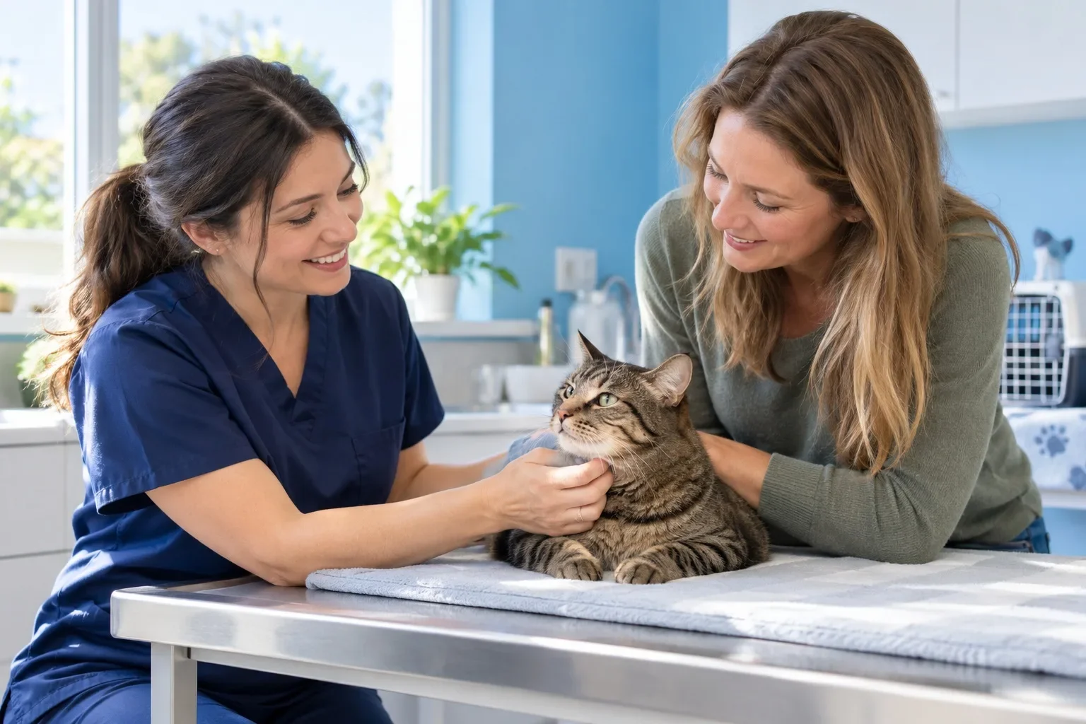Illustrative veterinary conversation with a cat and pet owner