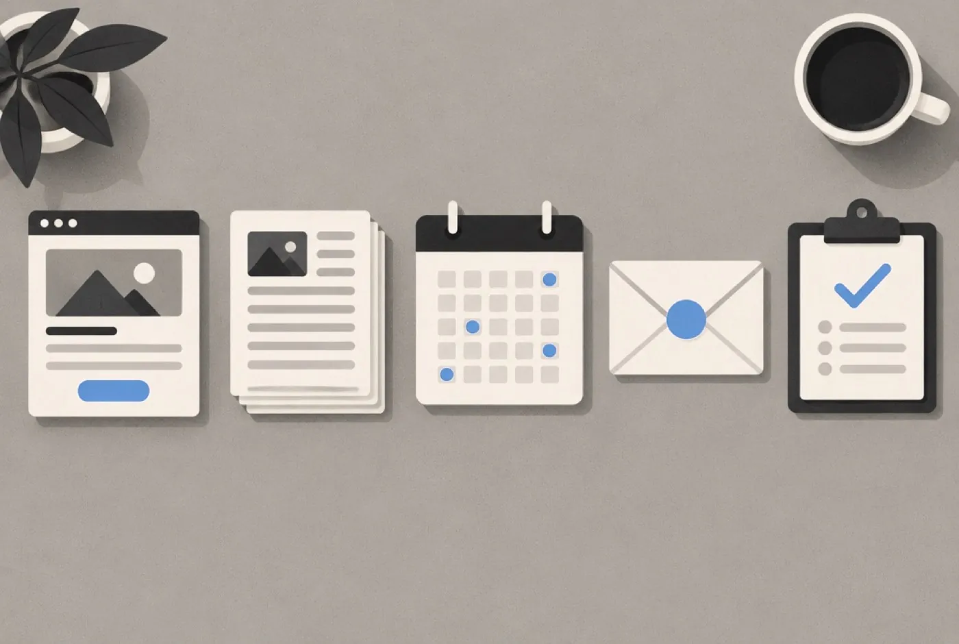 Illustration of a website, article, calendar, envelope and checklist