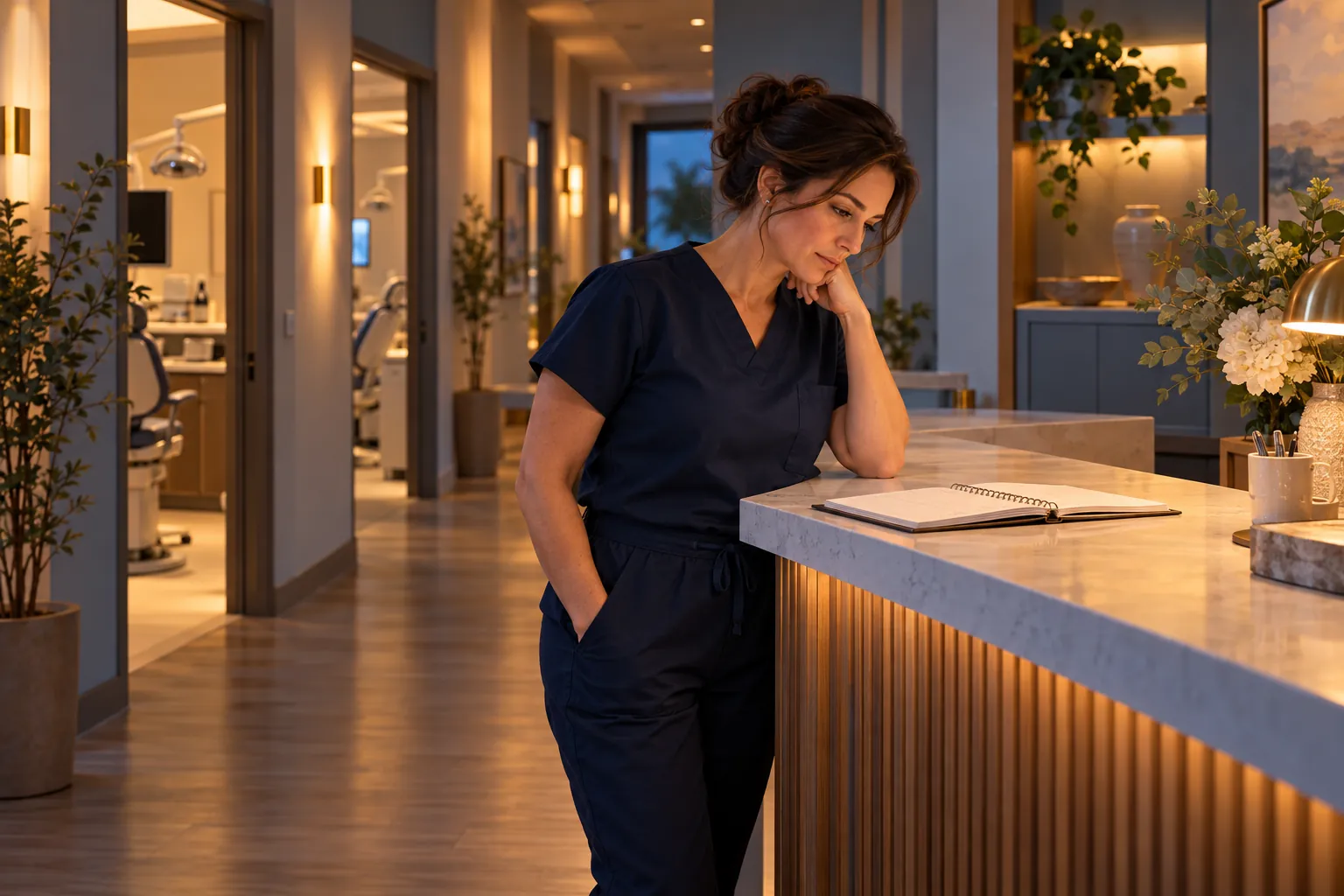 Illustration of Dr. Elena in her dental practice reception after closing.