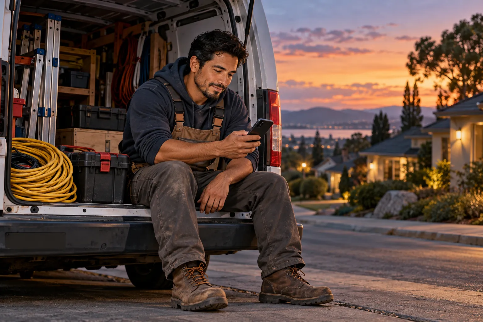 Illustration of Luis reviewing his phone beside his electrical service van at dusk.