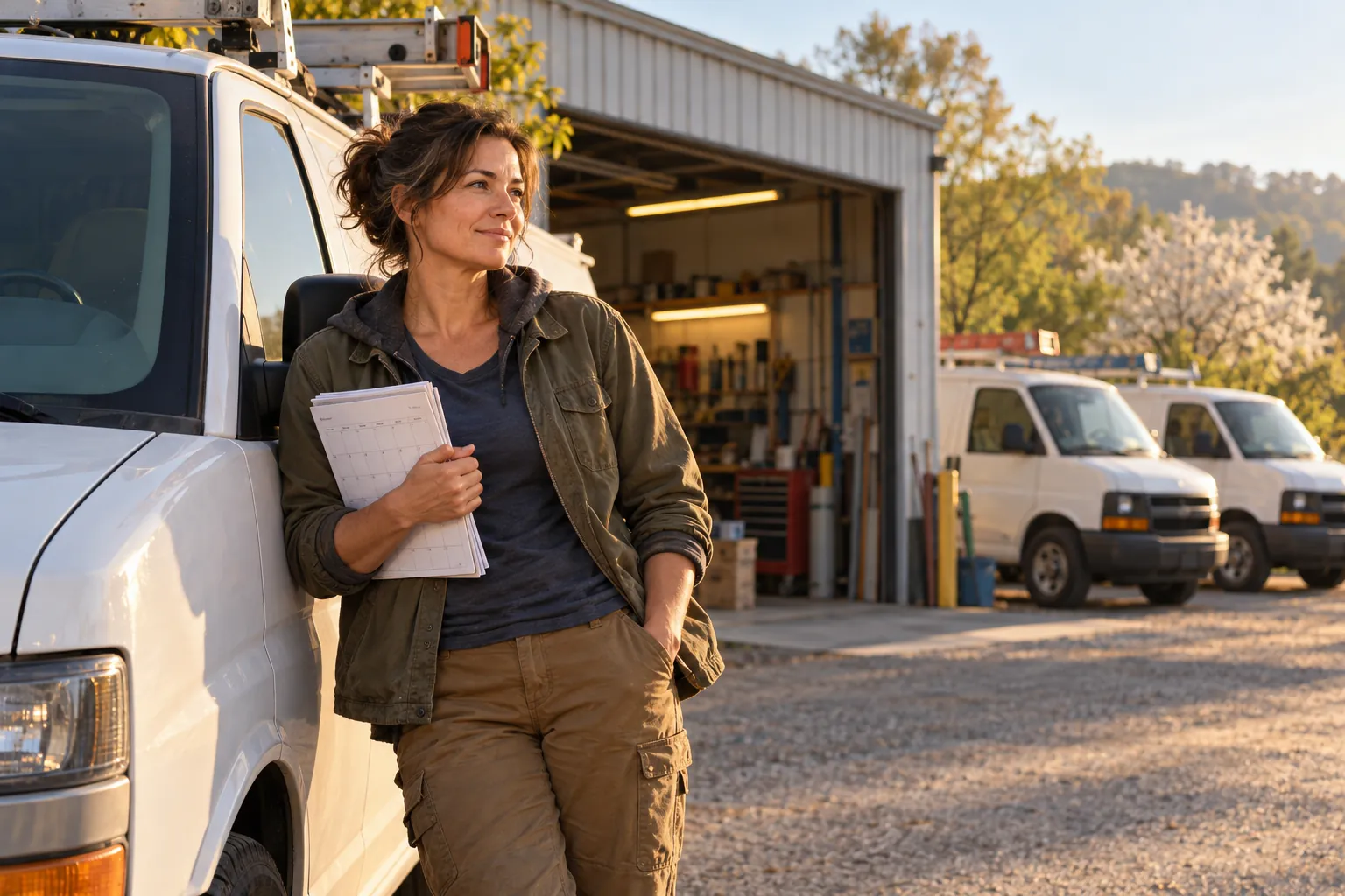 Illustration of Rachel outside her HVAC workshop with service vans on a mild spring morning.