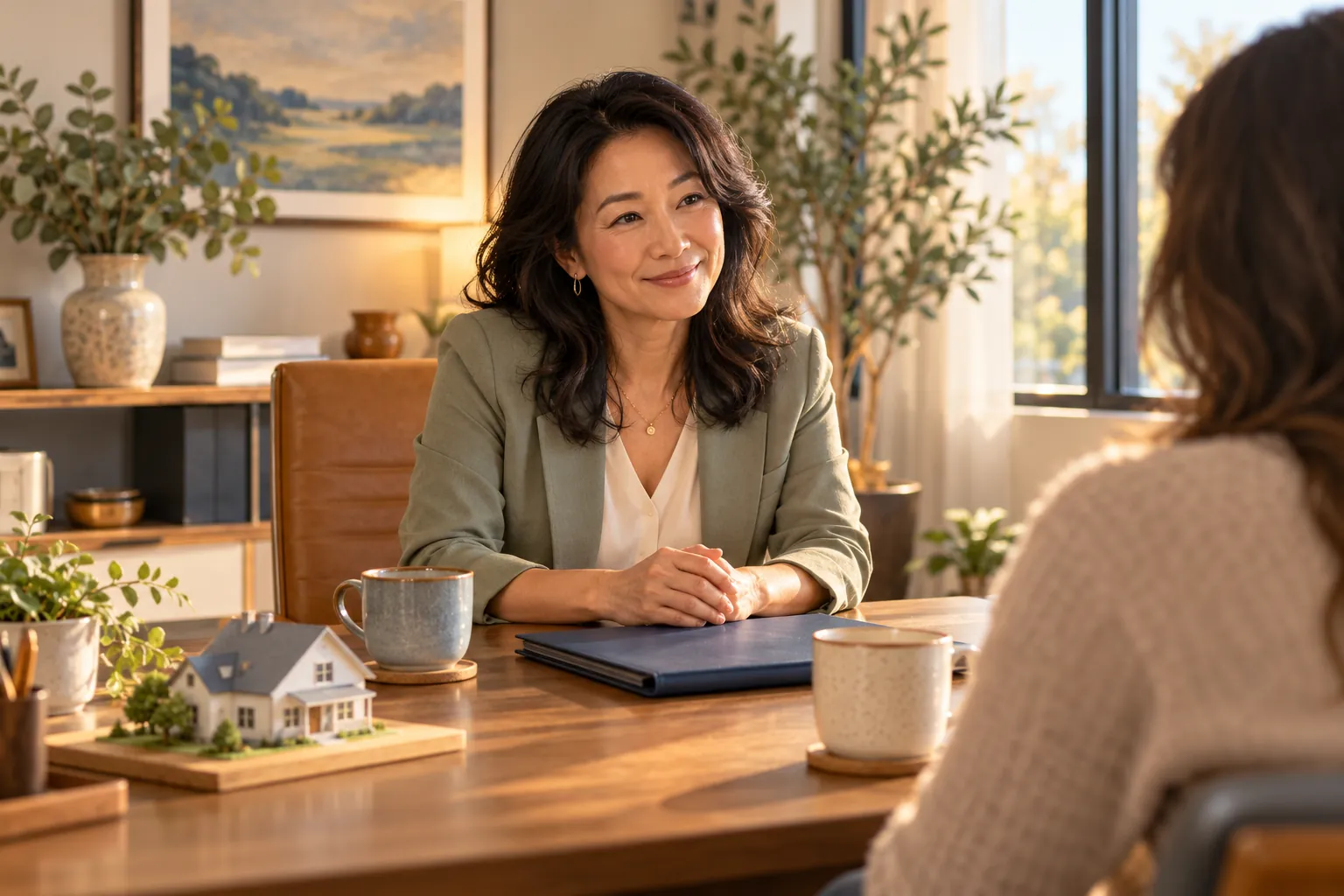 Illustration of Mei at a welcoming mortgage consultation table with a folder and model house.