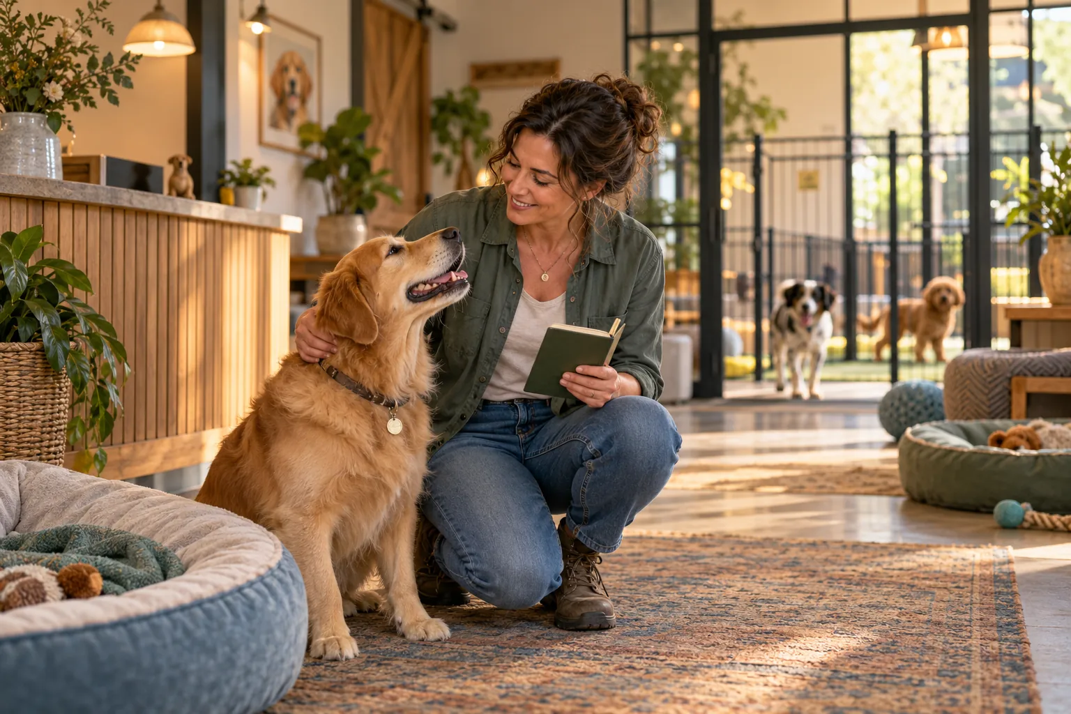 Illustration of Mara greeting a relaxed dog in her pet boarding reception.