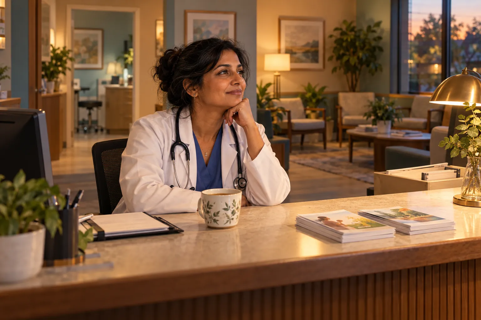 Illustration of Dr. Priya reviewing information leaflets at her independent practice reception.