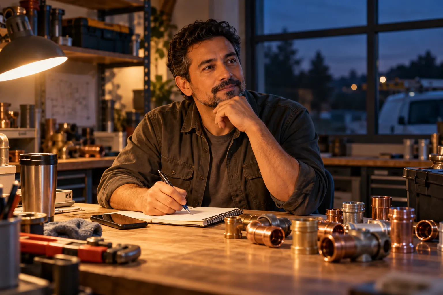 Illustration of Omar reviewing a job notebook in his plumbing workshop office late at night.