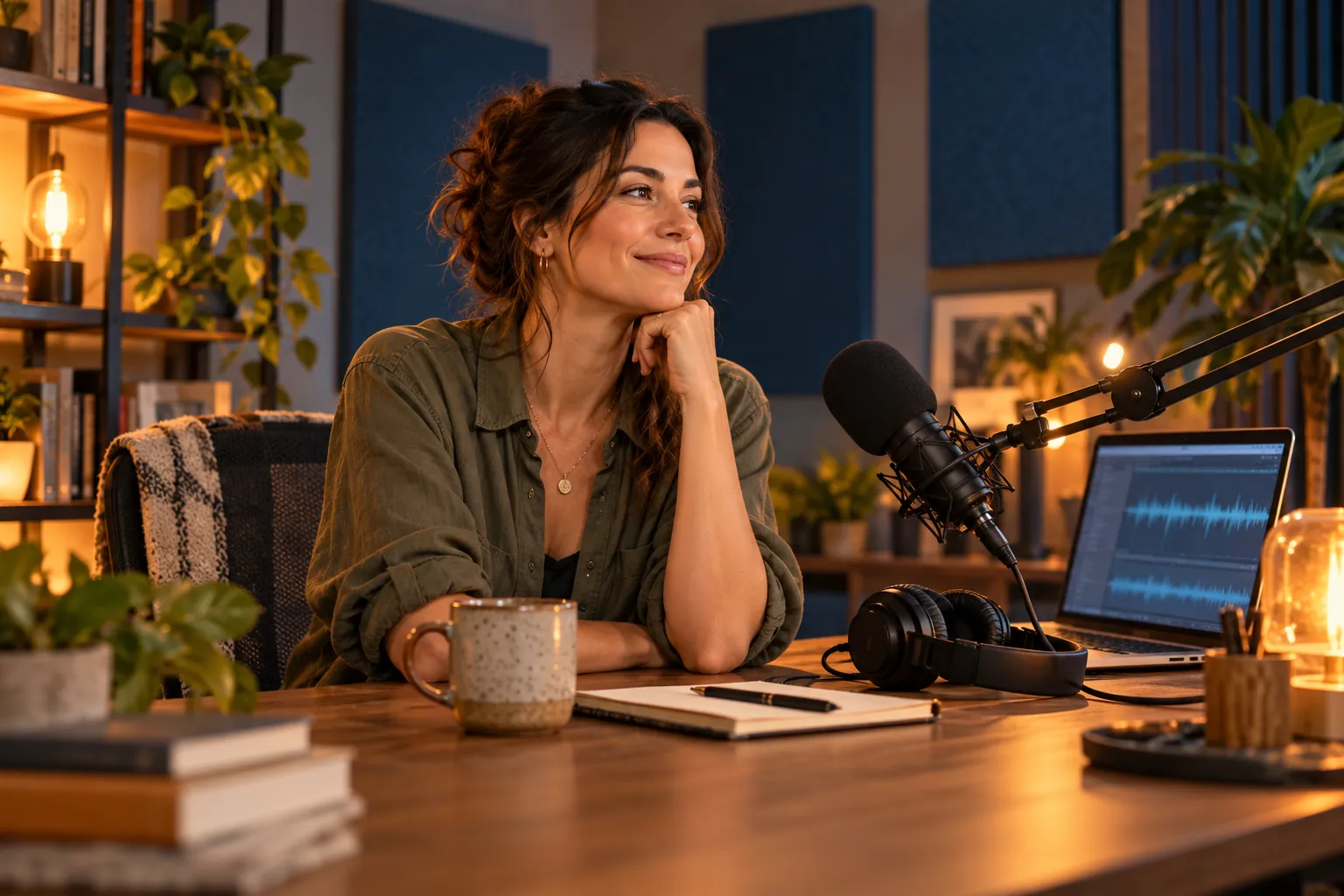Illustration of Jo in her business podcast studio after recording an episode.