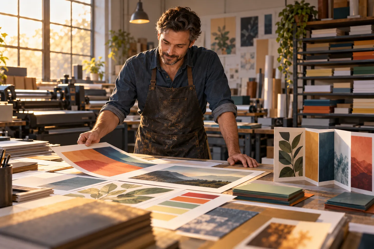 Illustration of Ben reviewing colorful paper samples and print proofs in his studio.