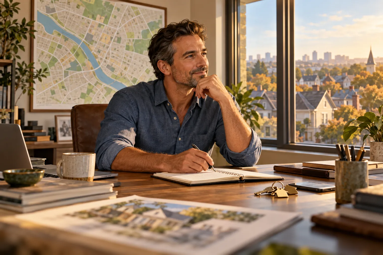 Illustration of Andre in his neighborhood real estate office with a map and house key.
