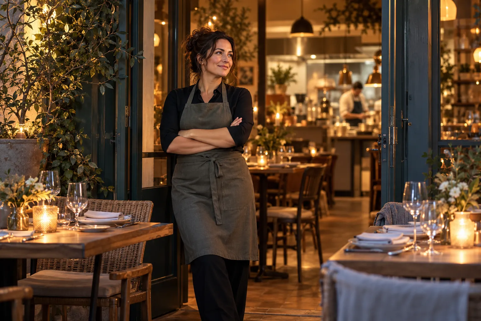 Illustration of Sofia beside set tables in her independent restaurant on a weekday evening.