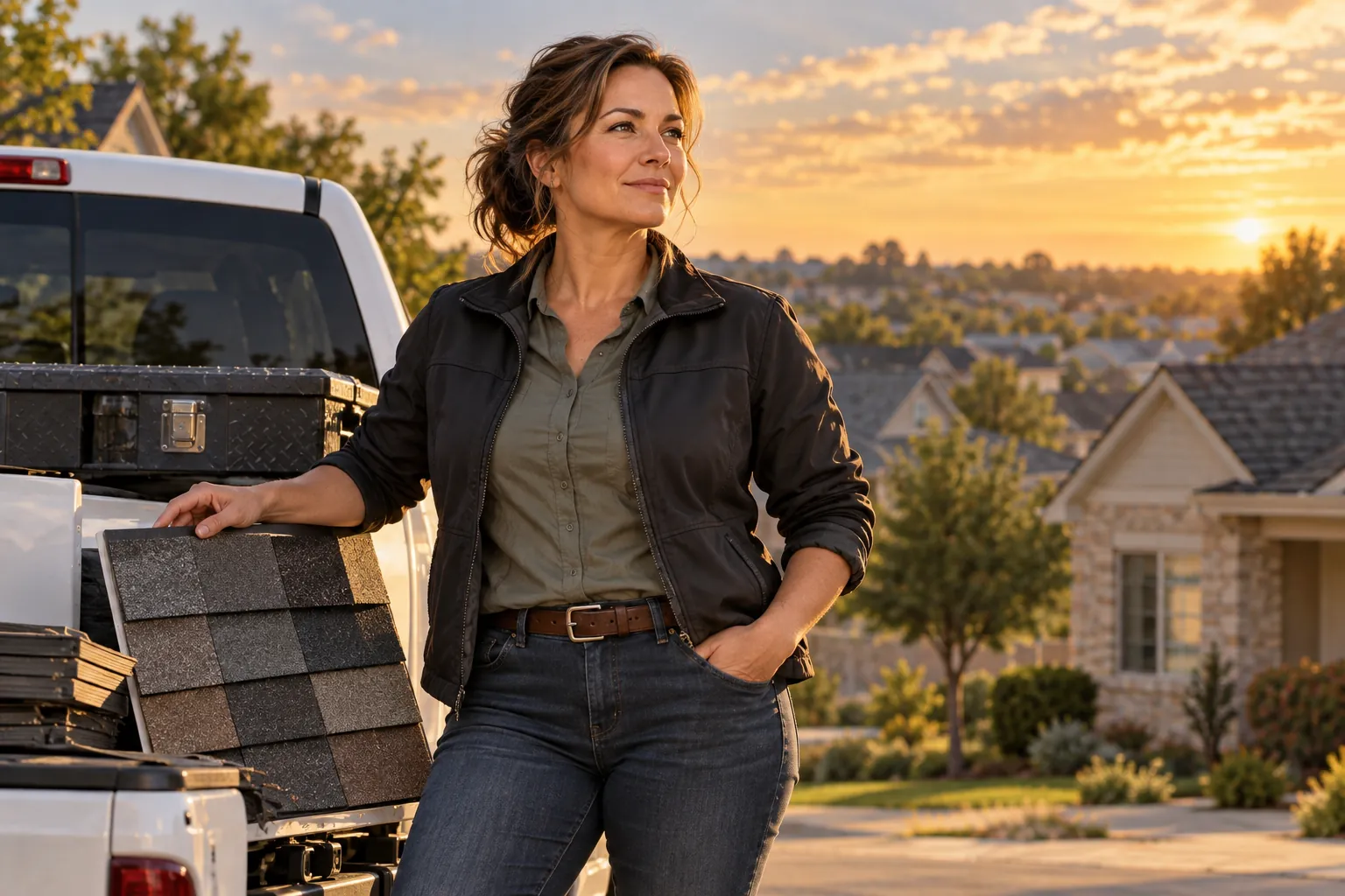 Illustration of Dana at ground level beside her roofing truck with a shingle sample board.