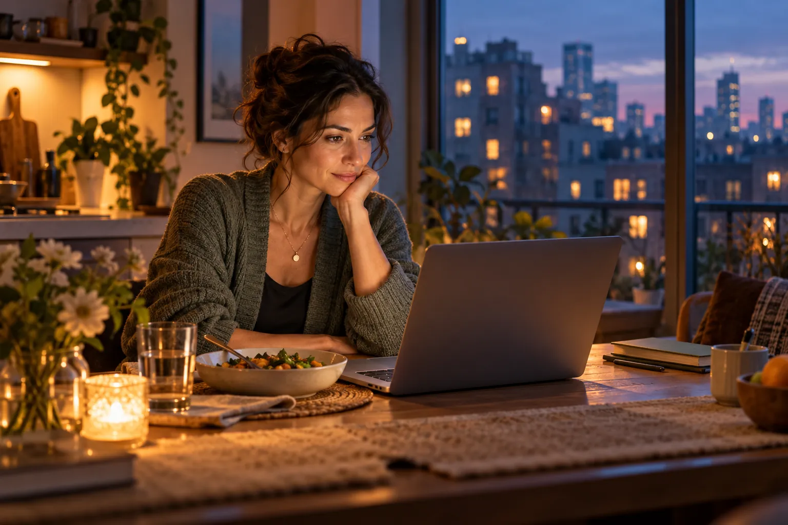 Illustration of Nina reviewing her SaaS business at her kitchen table at dusk.